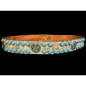 Double J Saddlery Size 34 Western Calf Hair Leather Turquoise Belt READ
